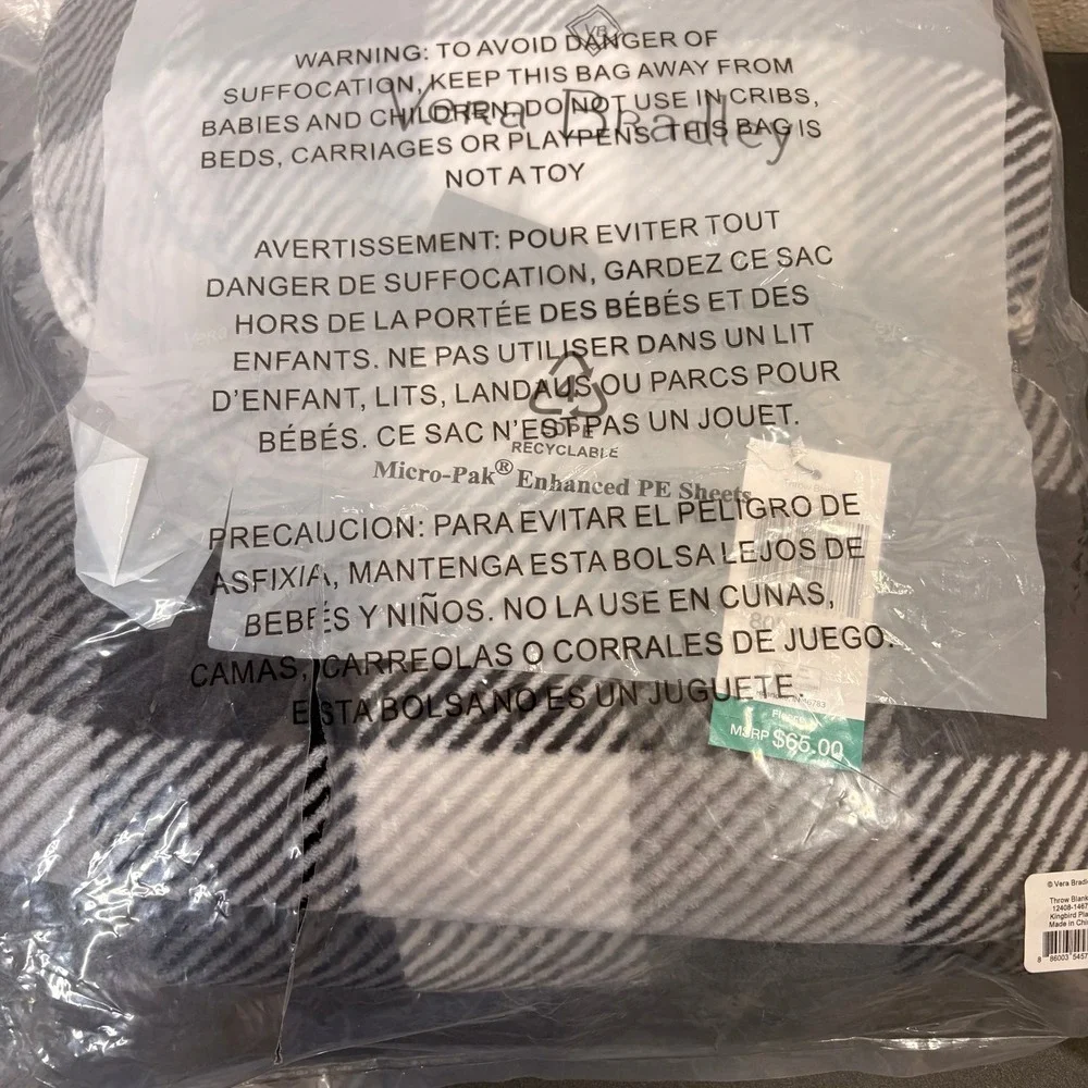 Vera Bradley Throw Blanket Unisex 50x80 Black White New Kingbird Plaid Fleece